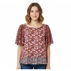Lucky Brand Red Floral Flutter Sleeve Boho Peasant Top Women's‎ M
